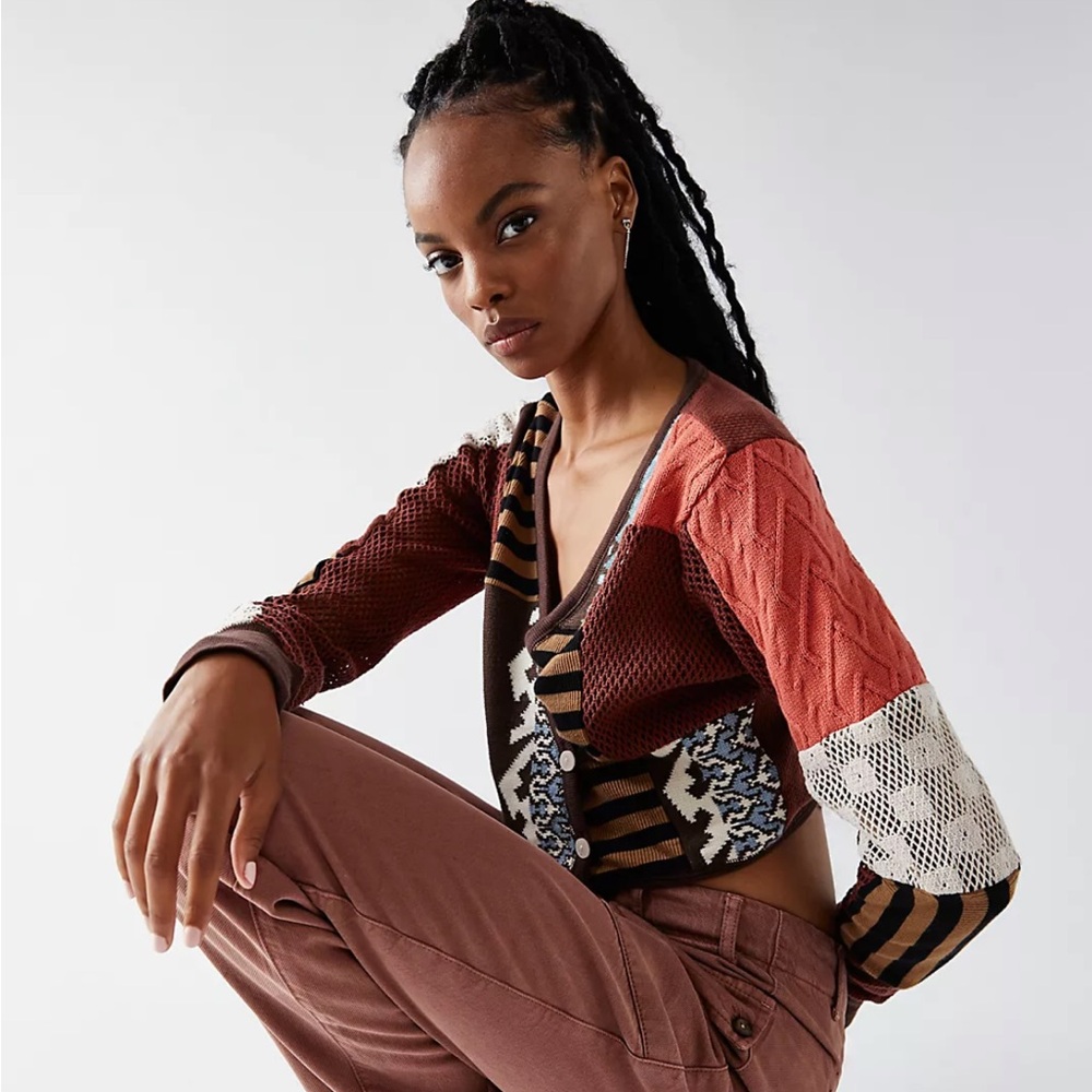 Free People Colorblock Patchwork Knit Top in Rust, Brown, Cream